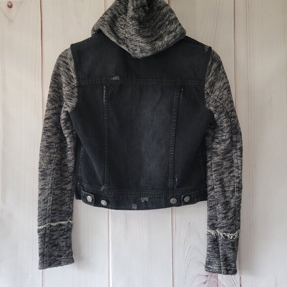 Free People Distressed Knit/Denim Jean Jacket, Women’s XS, Black, Removable Hood - Picture 4 of 10